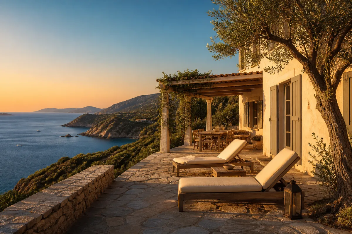 Villa méditerranéenne avec terrasse ombragée et vue sur un golfe au coucher du soleil