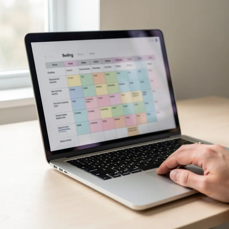 Écran d&rsquo;ordinateur portable affichant un planning de réservations sur un bureau en bois clair