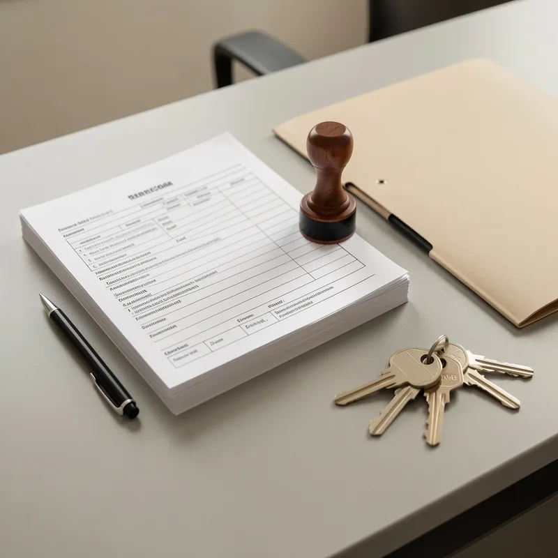 Documents administratifs, tampon et clés posés sur une table de bureau