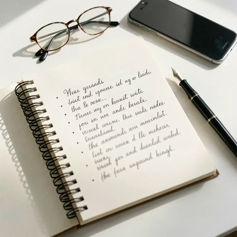 Carnet ouvert avec une liste manuscrite de critères et un stylo posé à côté