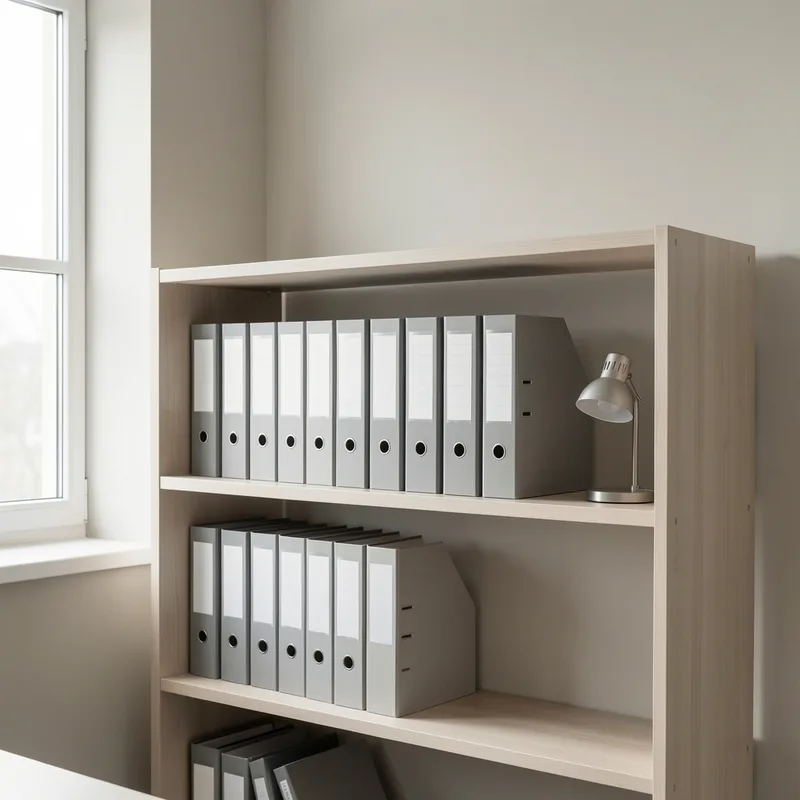 Cartons d&rsquo;archives et classeurs rangés sur une étagère dans un bureau clair