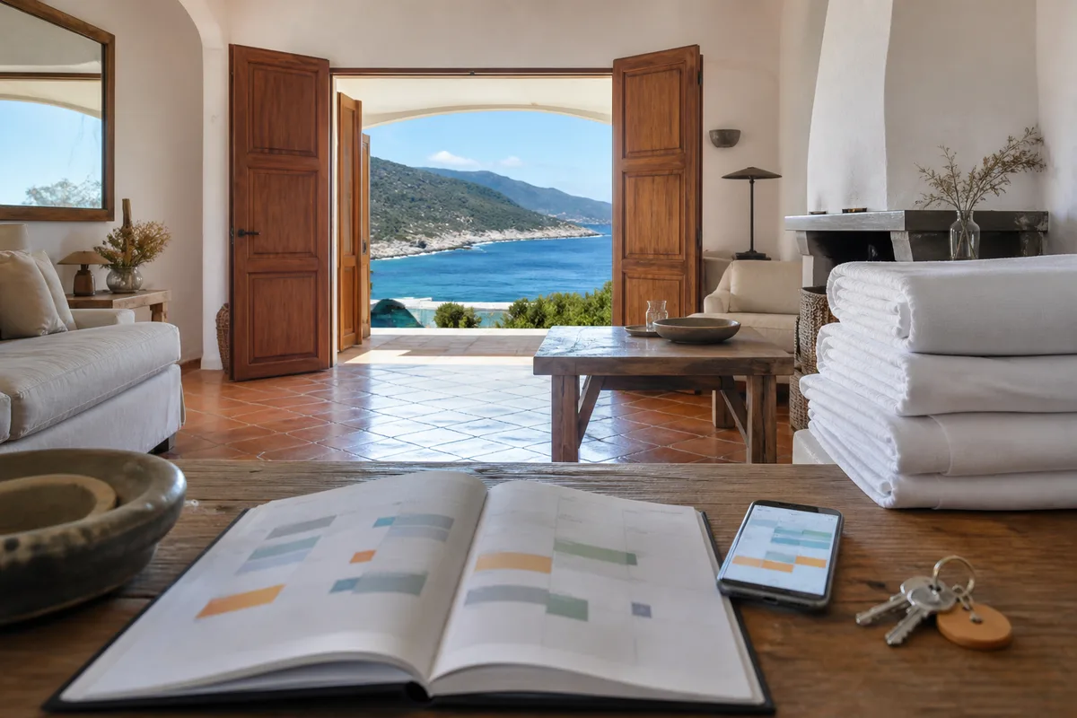 Agenda ouvert, téléphone et jeu de clés sur une table, planning de réservations visible