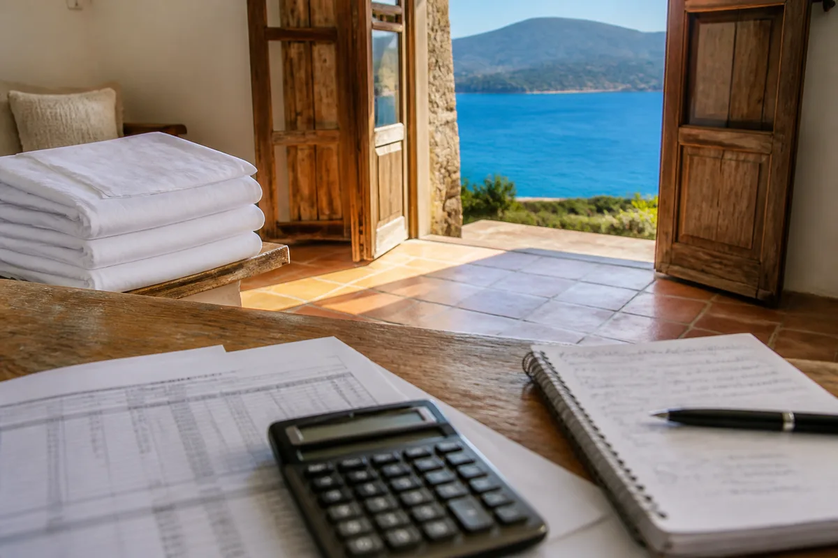 Calculatrice posée sur un tableau de chiffres imprimé et carnet de notes annoté