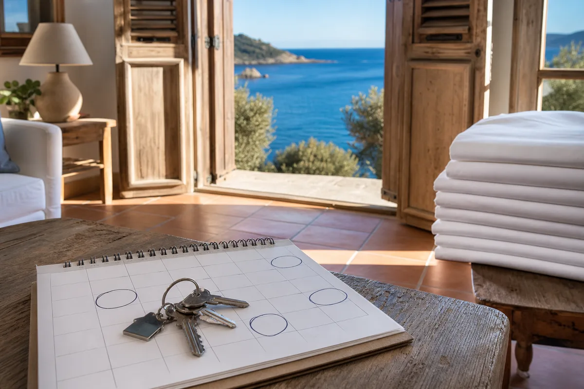Clés de maison posées sur un calendrier annuel avec des dates entourées