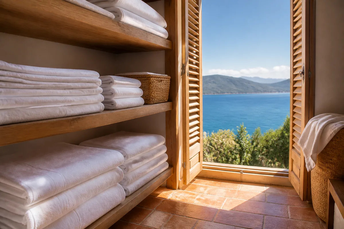Draps blancs pliés en pile nette sur une étagère de rangement en bois