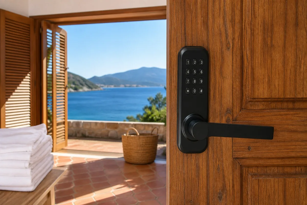 Clavier numérique d&rsquo;une serrure électronique installée sur une porte en bois