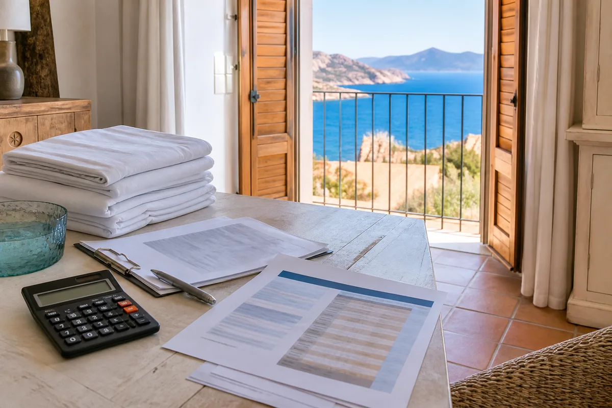 Calculatrice, relevé de gestion locative et grille tarifaire posés sur un bureau clair